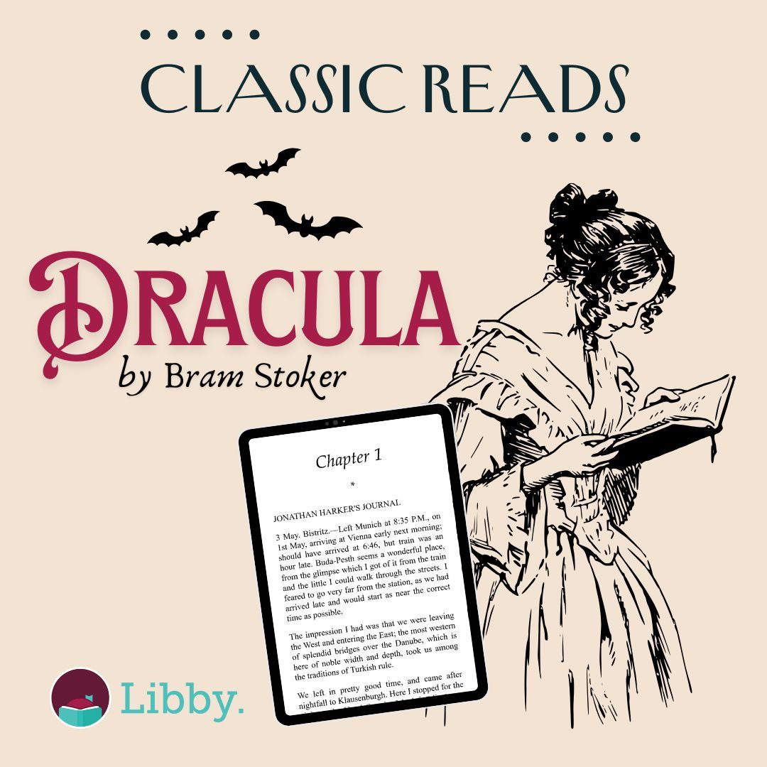 Illustration of a woman in a victorian dress and some bats and a mockup of an tablet with the first chapter of Dracula