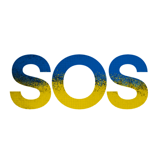 SOS-Schriftzug in Farben der ukrainischen Flagge