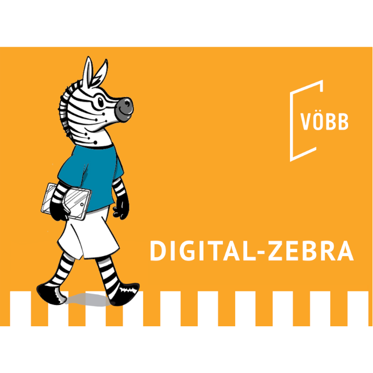 Illustration eines vermenschlichten Zebras, das aufrecht läuft, ein blaues T-Shirt trägt und ein Tablet unterm Arm trägt. Es läuft über einen Zebrastreifen. Rechts im Bild ist das VÖBB-Logo zu sehen. Darunter steht Digital-Zebra.