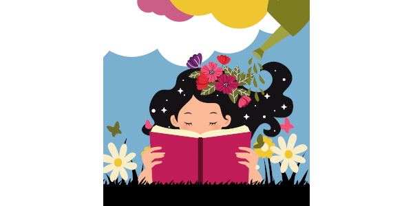 Illustration eines Mädchens mit schwarzen Haaren die ein Buch mit pinkem Einband liest und von einer Gießkanne begossen wird aus der Blumen kommen