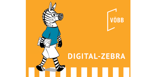Illustration eines vermenschlichten Zebras, das aufrecht läuft, ein blaues T-Shirt trägt und ein Tablet unterm Arm trägt. Es läuft über einen Zebrastreifen. Rechts im Bild ist das VÖBB-Logo zu sehen. Darunter steht Digital-Zebra.