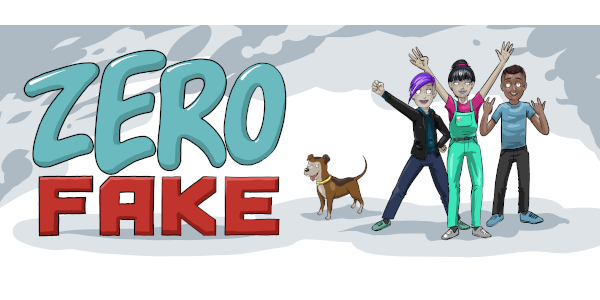 Illustration von drei Jugendlichen und einem Hund mit dem Schriftzug Zero Fake