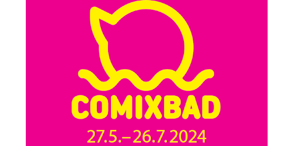 Schriftbild Comixbad 27.05.2014 bis 26.07.2024 mit einem Icon das aussieht wie eine Sprechblase auf Wellen. Der Hintergrund ist pink, die Linien und Schrift gelb.
