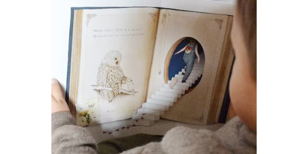 Seiten eines geöffneten Buchs mit Eule und Kind, das auf einer Treppe hochläuft