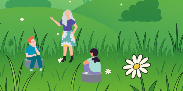 Zeichnung von Personen auf einer grünen Wiese