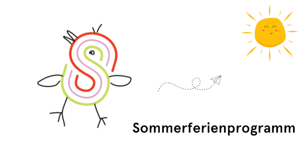 Eine Illustration des Vogels in Gestalt eines S für Spandau sowie eine Sonne und ein Papierflieger.