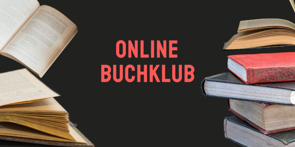 Eine braune Kachel mit Fotos von Büchern am Rand und dem Schriftzug Online Buchklub in rot