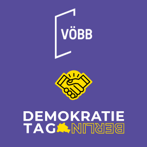 Logo des VÖBB und des Demokratietags Berlin mit Grafik eines Handschlags auf violetten Hintergrund