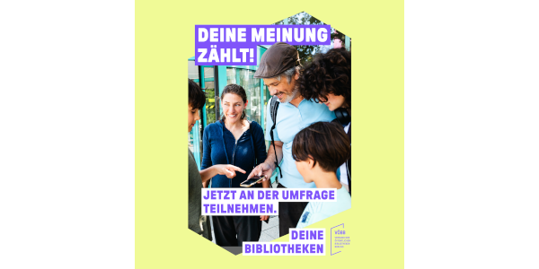 Aufforderung an der Umfrage Sentobib teilzunehmen mit Menschen im Hintergrund