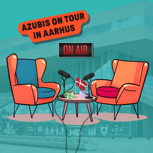 Grafik von einem Podcast Setting mit transparentem Foto des DOKK1 in Aarhus im Hintergrund