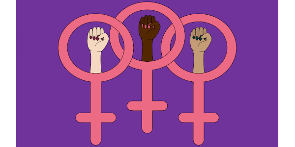 Illustration von in die Höhe gestreckten Kampffäusten mit lackierten Nägeln und dem universellen Symbol für Weiblichkeit auf violetten Hintergrund