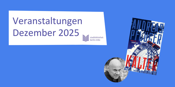 Schriftbild Veranstaltungen Dezember auf azurblauem Hintergrund