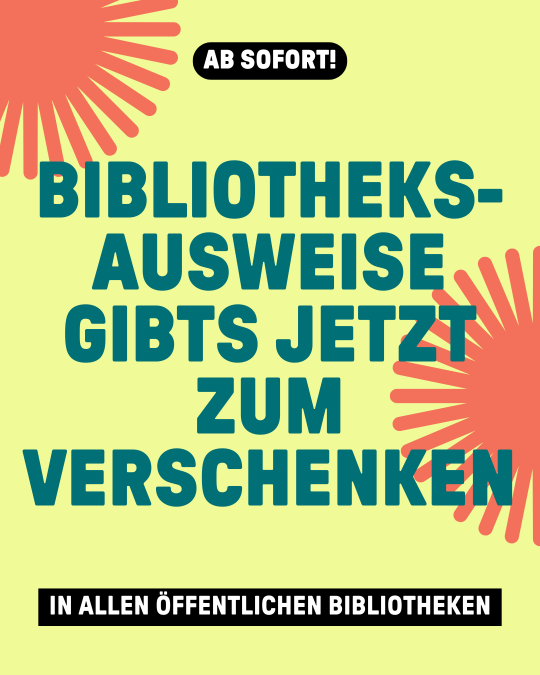 Gelbe Kachel mit dem Schriftzug Bibliotheksausweise gibts jetzt zum Verschenken und roten Sternen