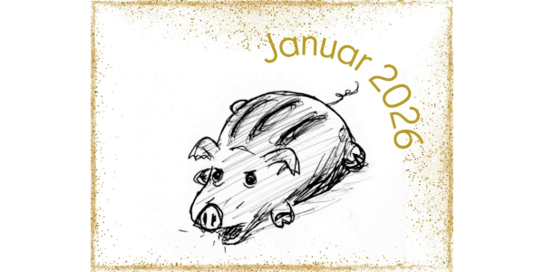 Zeichnung von einem Schweinehund und der Jahreszahl 2026 in gold