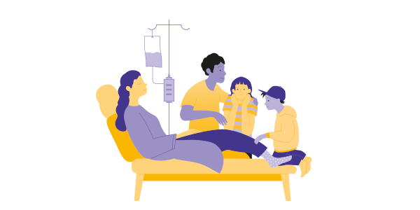 Illustration von einer Frau, die in einem Krankenbett liegt und eine Infusion bekommt. Daneben steht ihre Familie.