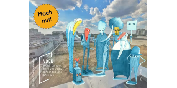 Illustration von Fantasiefiguren vor einem Foto der Baugrube im Märkischen Viertel