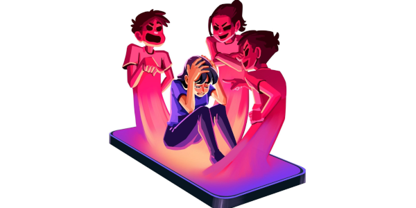 dgital erstelltes Bild von einer weiblich gelesenen Person auf einem Handy sitzend und weinend. Darum sind 3 rot dargestellte Personen , die hämisch lachend auf die weinende Frau zeigen.