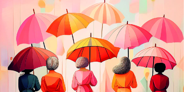 Illustration von Frauen mit bunten Regenschirmen.