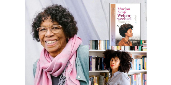 Fotosammlung aus zwei Portraits: einer jungeren Frau und einer älteren Frau, beide sind schwarz gelesen. Sowie dem Buchcover des Romans Weltenwechsel.
