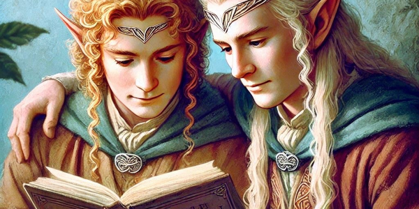 KI-generiertes Bild von zwei Hobbits, die ein Buch lesen.