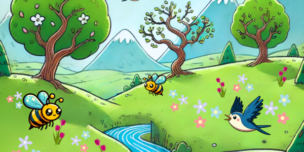 Ein gezeichnetes Bild mit Bienen, einem Vogel und einer Landschaft mit Bergen, Fluss und einer blühenden Wiese.