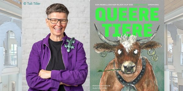 links ist das Cover des Buches -Queere Tiere - zu sehen. Darauf ist ein gepiercter Ochse als Zeichnung zu erkennen. Recht sist ein Foto von Magda Wystub, einer Person mit kurzen HAaren und freundlichem Lächeln und einer gecko-Figur auf der Schulter.