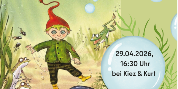 Cover-Zeichnung von kleinen Wassermann. Ein kleiner junge in grünber KLeidung mit roter Mütze im grünlichen Wasser