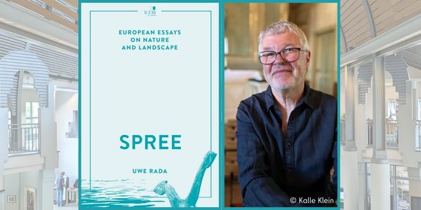 Links ist das Cover des Eswsays Spree von Uwe Rada, blauer Text auf weißem Grund. Rechts ist ein Foto von Uwe Rada, einem Mann mit weißen Haaren und Bartansatz.