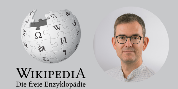 Logo von Wikipedia und Portraitfoto von Dominik Scholl