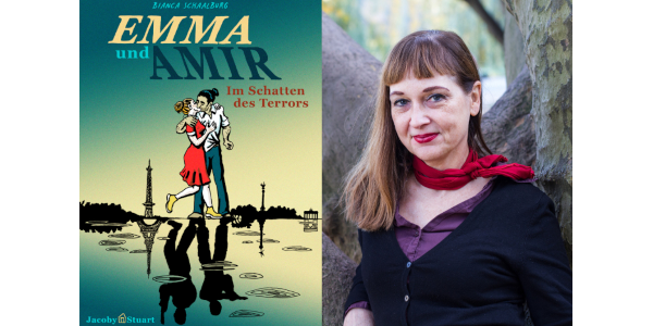Links ist das Cover des Comics Emma und Amir und rechts ein Portraitfoto der Autorin Bianca Schaalburg.