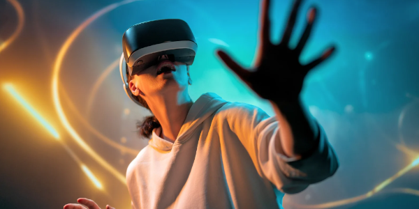 Grafik einer Person mit VR-Brille, um die magisch wirkende Lichter tanzen.