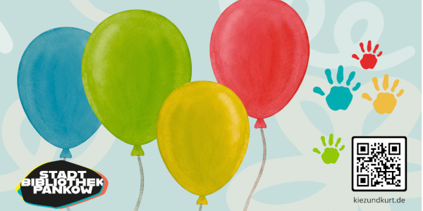 Zeichnung von luftballons, das Logo der Stadtbibliothek Pankow und ein QR-Code zur Website