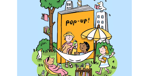 Illustration von einer Pop-Up-Bibliotheken auf einer Wiese mit Hägematte und vielen Menschen.