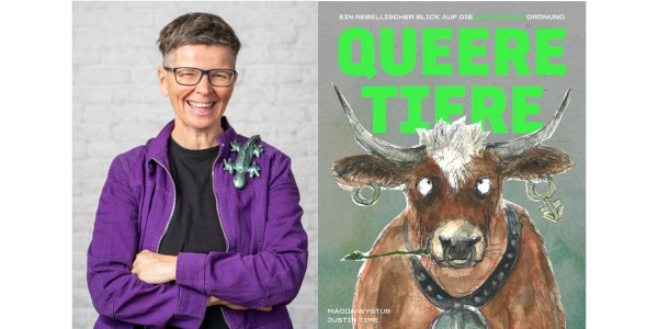 Portraitfoto ´von der Autorin Magda Wystub und das Buchcover von Queere Tiere.
