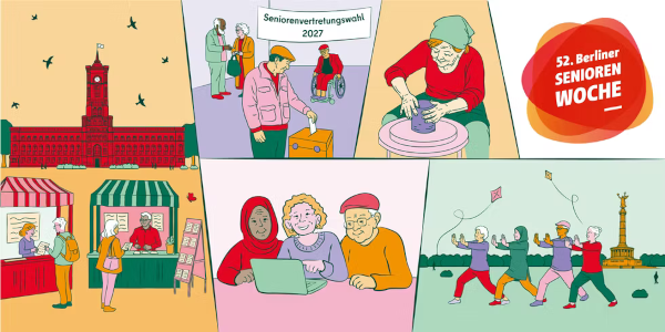 Collage von verschiedenen kleinen Illustrationen von Ereignissen während der Seniorenwoche.