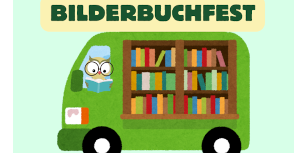 Zeichnung von einem Bücherbus mit einer lesenden Eule auf dem Fahrersitz.