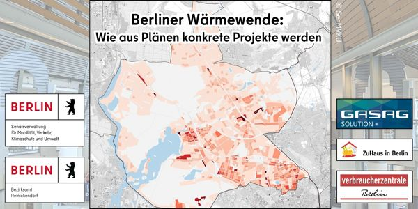 Eine Karte von Berlin mit einer Heatmap. Daneben Logos von Kooperationspartnern der Infoveranstaltung.