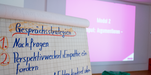 Foto eines Flipcharts auf dem Gesprächsstrategien stehen und im Hintergrund eine Power-Point-Präsentation an der Wand.