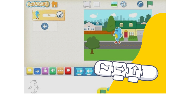 Bild einer Spielewelt ähnlich Super-Mario und einer Programmieroberfläche für Kinder