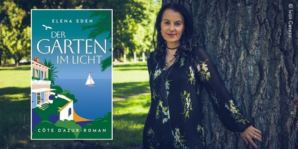 Links ist das Cover vom Roman Der Garten im Licht mit einem südländischen Haus vor Meereskulisse. Rechts ist das Foto der Autorin, einer Frau mit langen schwarzen Haaren, die sich lächelnd an einen Baum lehnt.