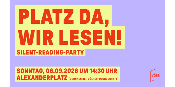 Lila Grafik mit roter Schrift Platz da, wir lesen. Silent Reading Party-