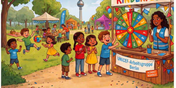 an eine Zeichnung erinnerndes Bild auf dem Bilder in einem Park spielen und ein Stand aufgebaut ist, ober dem - Kinderfest - steht