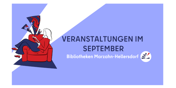 Eine violett-weiße Kachel mit einer Illustration einer Frau, die auf einem roten Sessel liest. Daneben steht Veranstaltungen im August - Bibliotheken Marzahn-Hellersdorf.