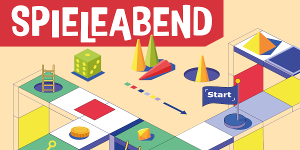 grobe Zeichnung von Spielfeldern und Spielfiguren und dem Schriftzug - Spieleabend - oben links