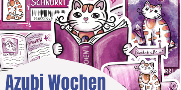 pink gehaltene Zeichnung von Katze, die einmal auf einem Sofa sitzt und ein Buch hält mit dem Titel - Schnurre - und daneben sind ein Ausweis mit Katzenfoto und eine Zeitung zu erkennen. Darunter steht - Azubi-Wochen.