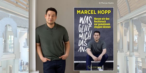 LInks Foto des politikfluencers Marcus hopp, einem jungen Mann mit Migrationshintergrund; rechts das Cover seines Buches: Was geht mich das an - mit Grafiti-Schrift und eiinem Foto des Autors