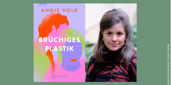 rechts das Foto der Autorin, links das Cover vom Roman - Brüchiges Plastik.