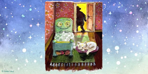 Aquarell eines Zimmers mit einem grünen, personifizierten Bett mit angsterfüllten Augen in der Kopfstütze. Daneben liegt eine weiße Katze in einem Korb. Ein Schatten huscht aus der Tür in den Lichtschein hinein.