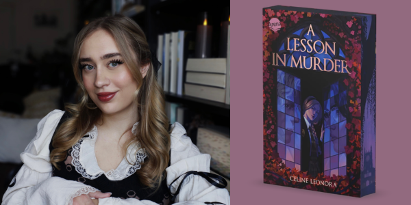 Links ist das Portrait der Autorin Celine Leonora, einer jungen Frau in schicker Bluse und rechts das Cover des Buches - A Lesson In Murder - auf dem ein Mädchen in Schuluniform aus einem Fenster einesa historischen Gebäudes schaut