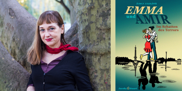Links ist das Portrait der Autorin Bianca Schaalburg, einer Frau mit langen Haaren an einem Baum gelehnt und rechts das Cover der Graphic Novel - Emma und Amir - auf dem ein Pärchen sich vor dem Eifelturm küsst. Ihr schatten sind allerdings nicht das Paar sondern Soldaten mit Waffen